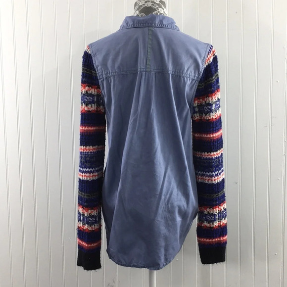 We The Free People Button Front Shirt Blue Knit Aztec Sleeves - Picture 3 of 9